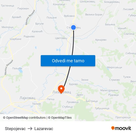 Stepojevac to Lazarevac map