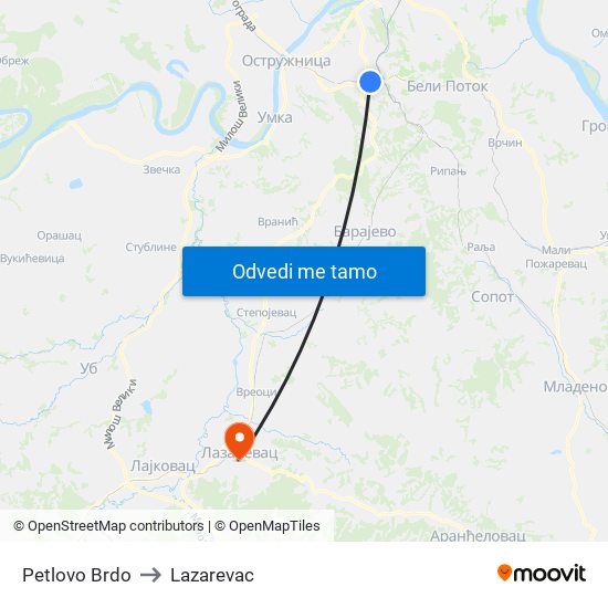 Petlovo Brdo to Lazarevac map