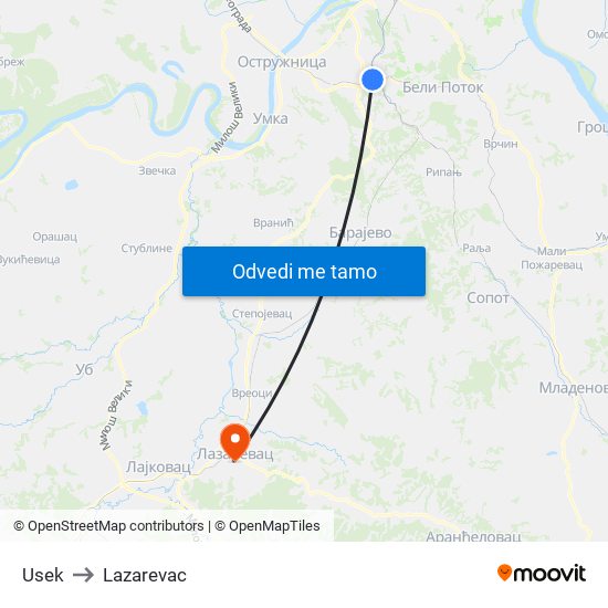 Usek to Lazarevac map