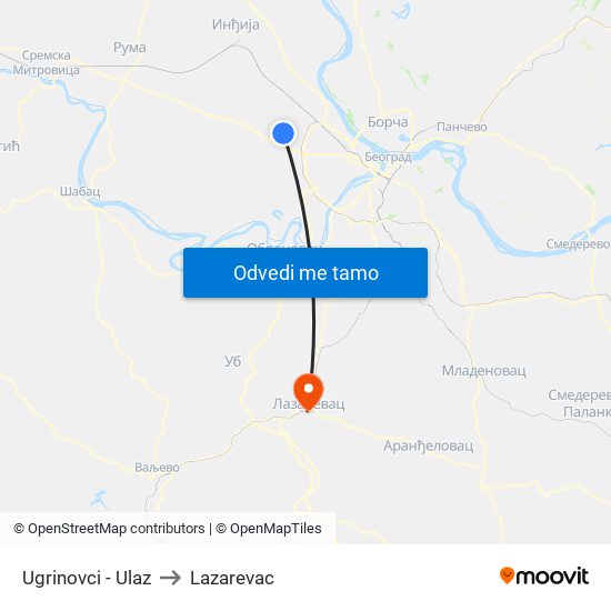 Ugrinovci - Ulaz to Lazarevac map