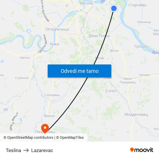 Teslina to Lazarevac map