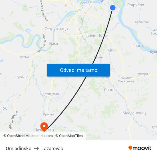 Omladinska to Lazarevac map