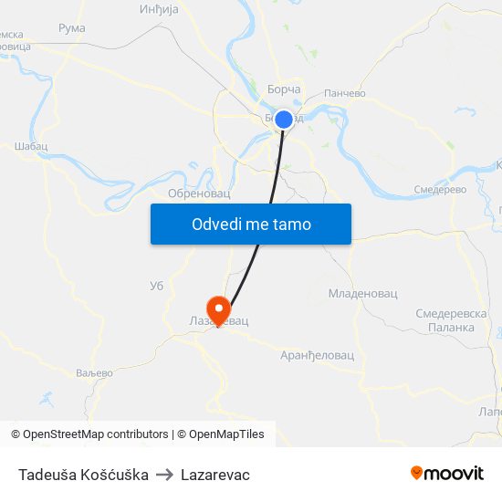 Tadeuša Košćuška to Lazarevac map