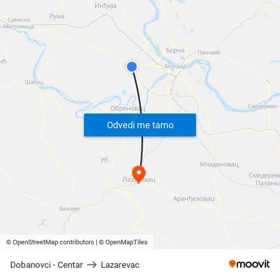 Dobanovci - Centar to Lazarevac map