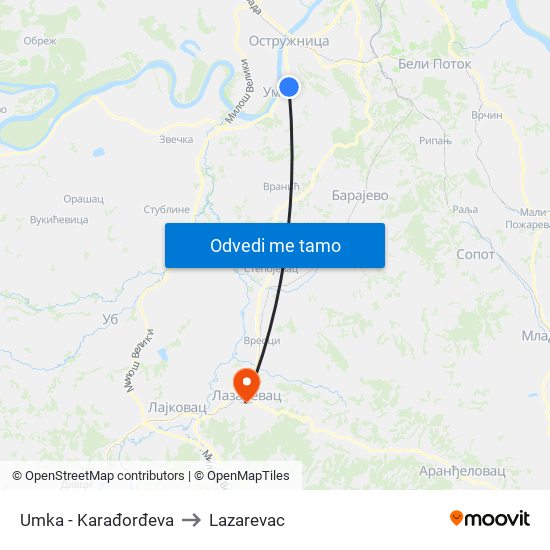 Umka - Karađorđeva to Lazarevac map