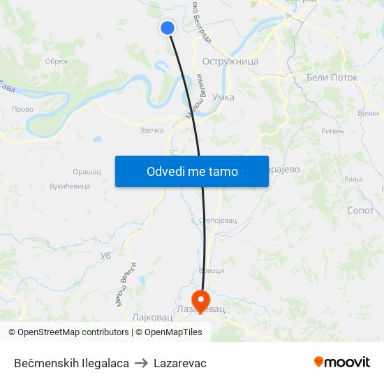 Bečmenskih Ilegalaca to Lazarevac map