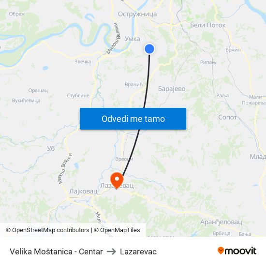 Velika Moštanica - Centar to Lazarevac map