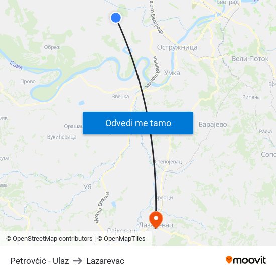 Petrovčić - Ulaz to Lazarevac map