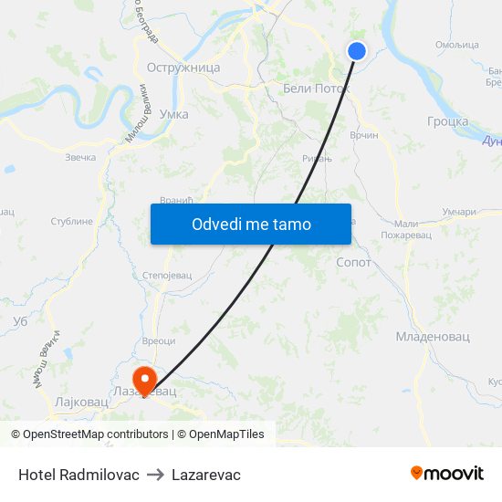 Hotel Radmilovac to Lazarevac map