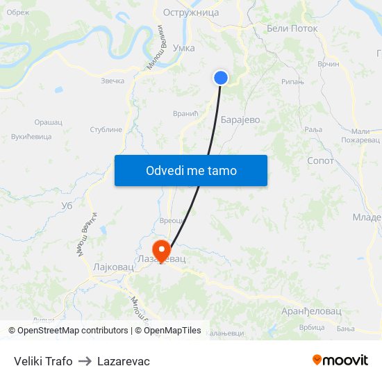 Veliki Trafo to Lazarevac map