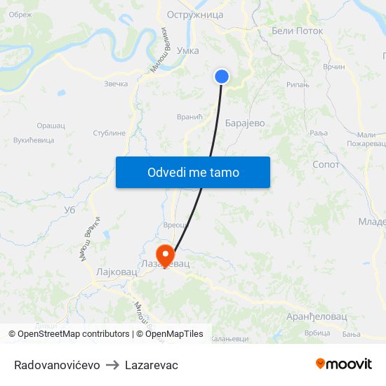 Radovanovićevo to Lazarevac map