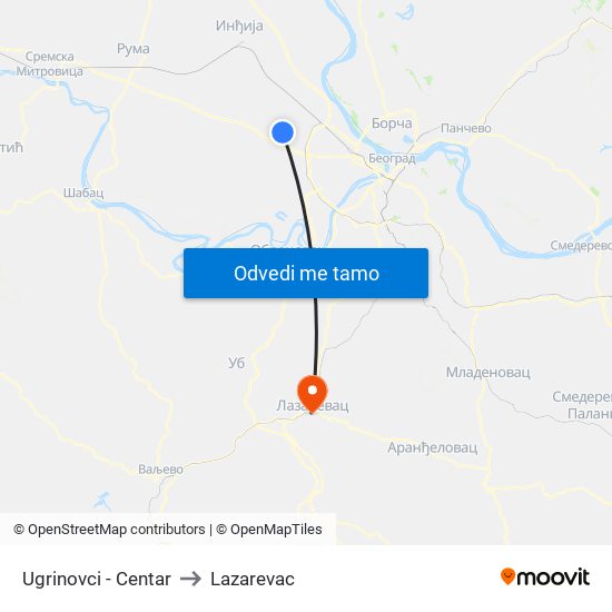 Ugrinovci - Centar to Lazarevac map