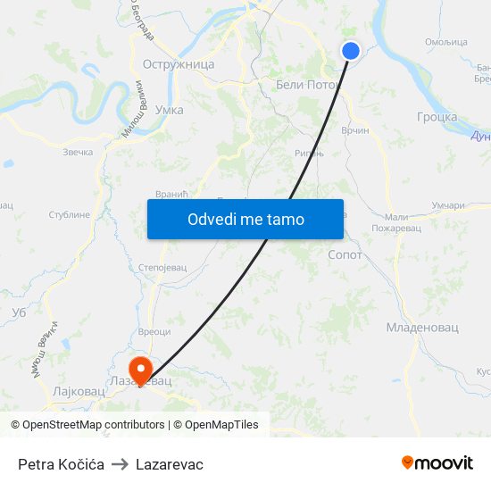 Petra Kočića to Lazarevac map