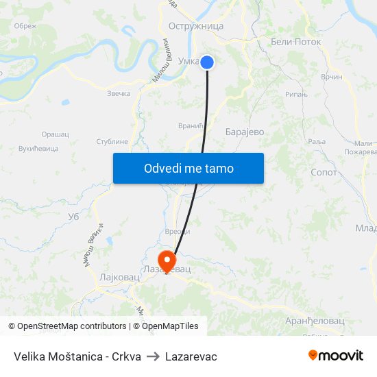 Velika Moštanica - Crkva to Lazarevac map