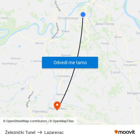 Železnički Tunel to Lazarevac map