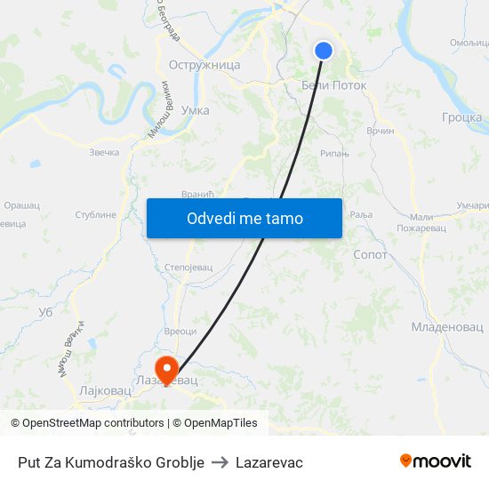 Put Za Kumodraško Groblje to Lazarevac map