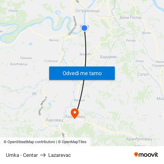 Umka - Centar to Lazarevac map