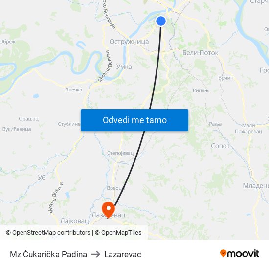 Mz Čukarička Padina to Lazarevac map