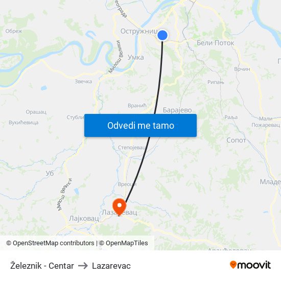 Železnik - Centar to Lazarevac map