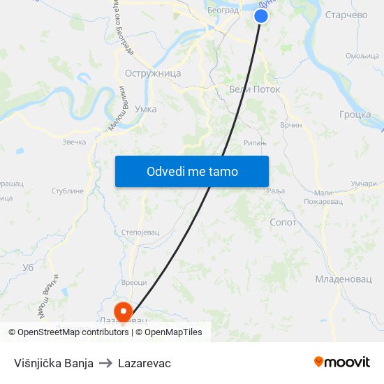 Višnjička Banja to Lazarevac map