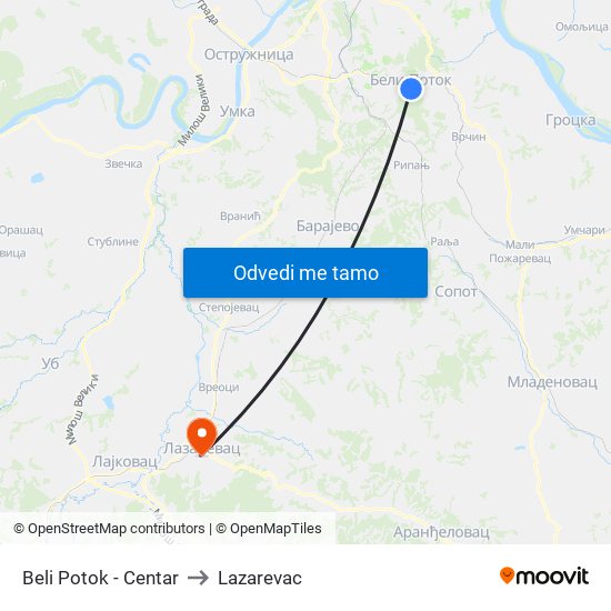 Beli Potok - Centar to Lazarevac map