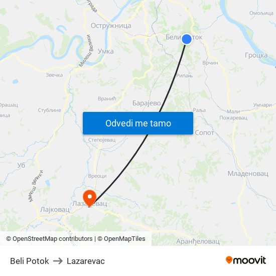 Beli Potok to Lazarevac map