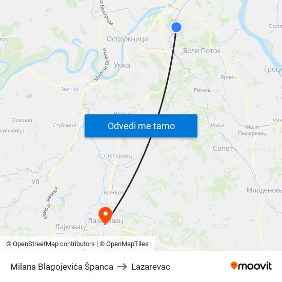 Milana Blagojevića Španca to Lazarevac map