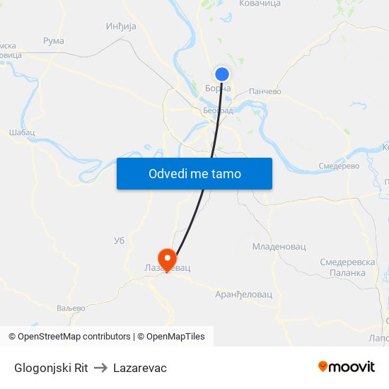 Glogonjski Rit to Lazarevac map