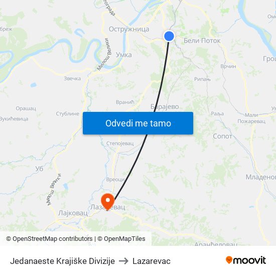 Jedanaeste Krajiške Divizije to Lazarevac map