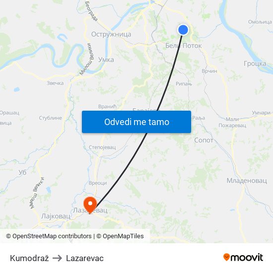 Kumodraž to Lazarevac map