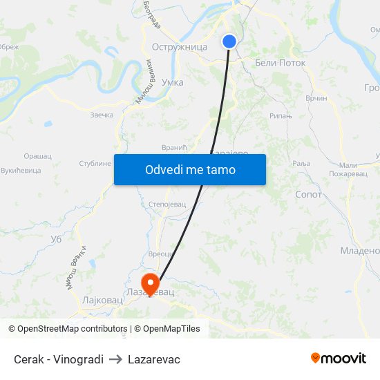 Cerak - Vinogradi to Lazarevac map