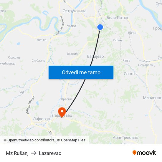 Mz Rušanj to Lazarevac map