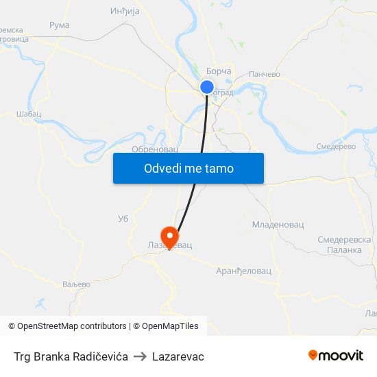 Trg Branka Radičevića to Lazarevac map