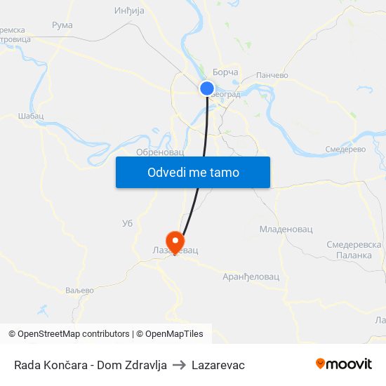 Rada Končara - Dom Zdravlja to Lazarevac map