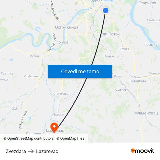 Zvezdara to Lazarevac map