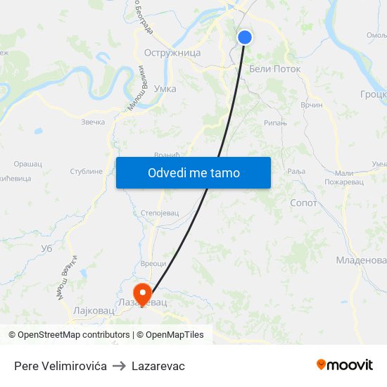 Pere Velimirovića to Lazarevac map