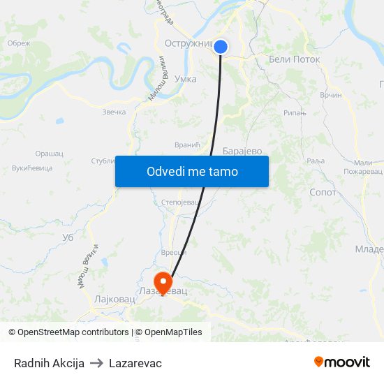 Radnih Akcija to Lazarevac map