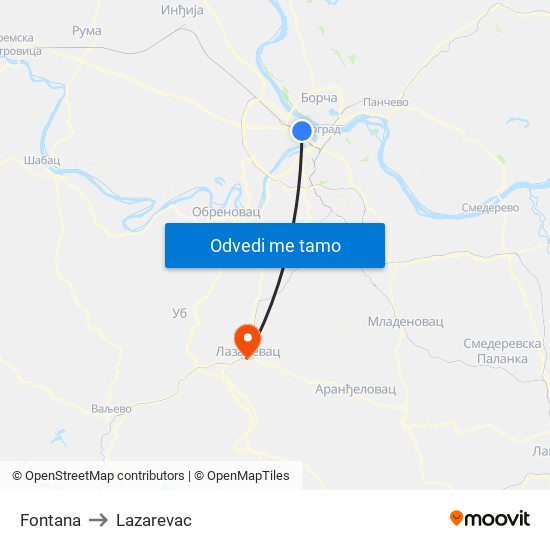 Fontana to Lazarevac map