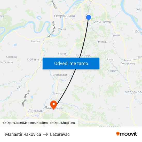 Manastir Rakovica to Lazarevac map