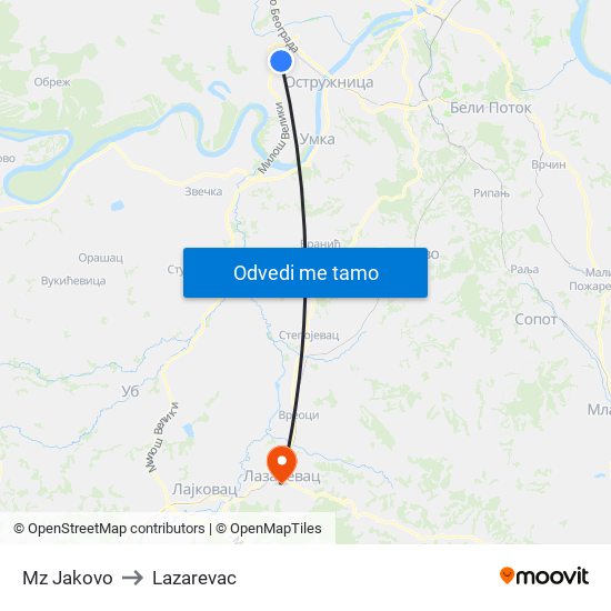 Mz Jakovo to Lazarevac map