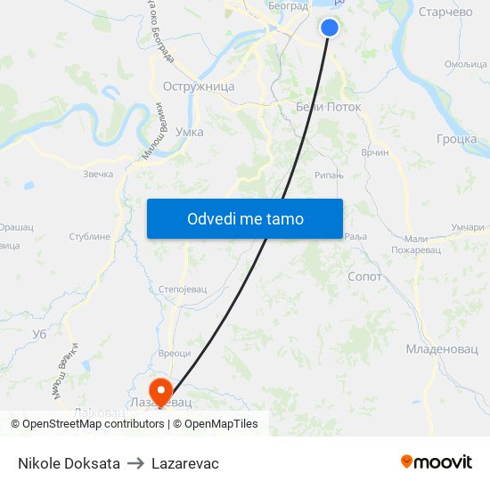 Nikole Doksata to Lazarevac map