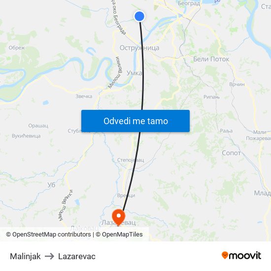 Malinjak to Lazarevac map