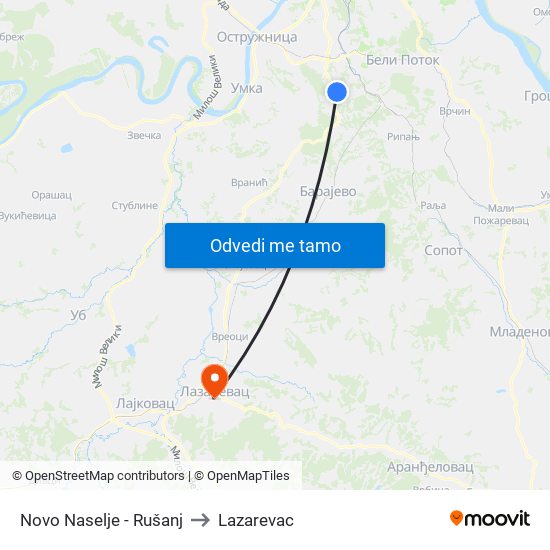 Novo Naselje - Rušanj to Lazarevac map