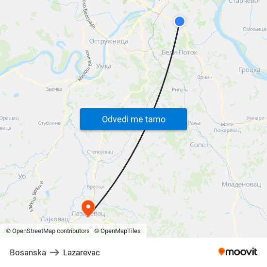 Bosanska to Lazarevac map