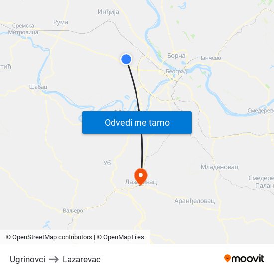 Ugrinovci to Lazarevac map