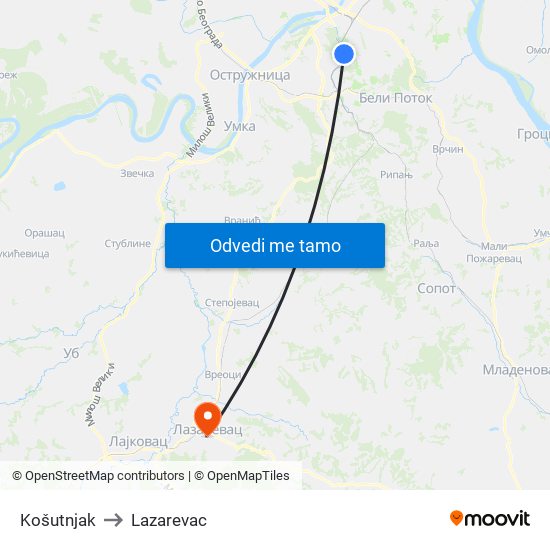 Košutnjak to Lazarevac map