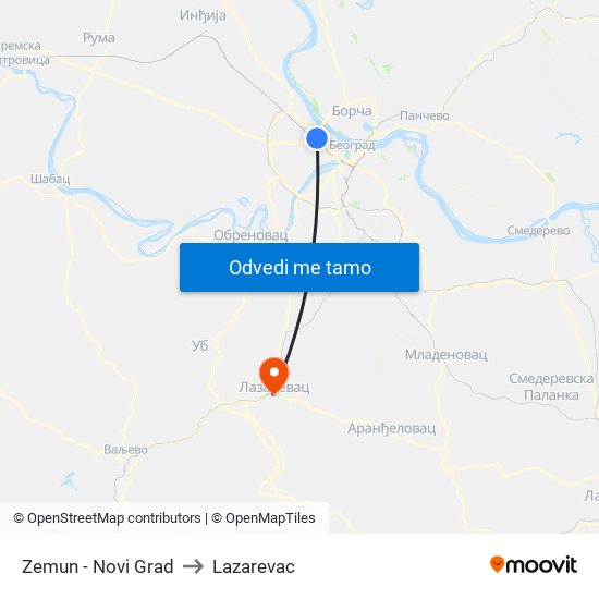 Zemun - Novi Grad to Lazarevac map
