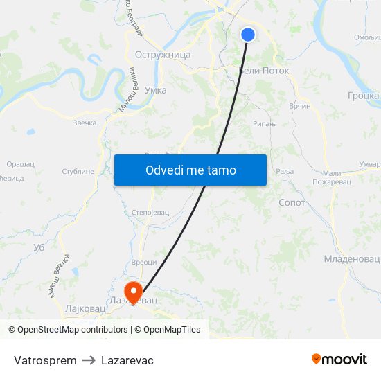 Vatrosprem to Lazarevac map