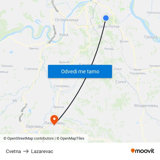Cvetna to Lazarevac map
