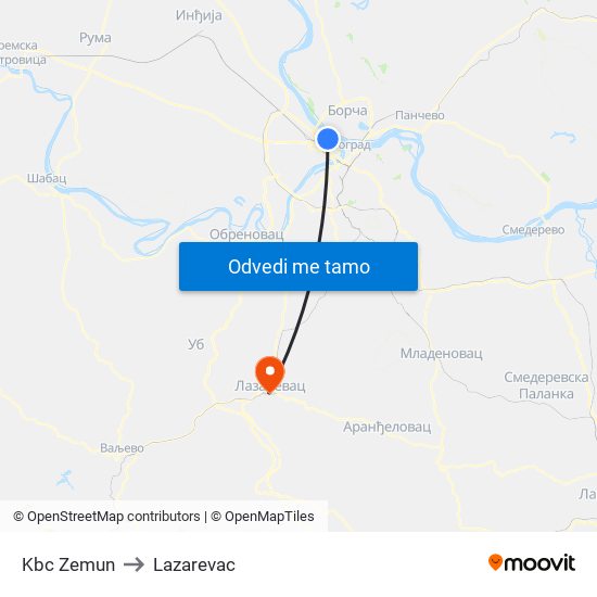 Kbc Zemun to Lazarevac map